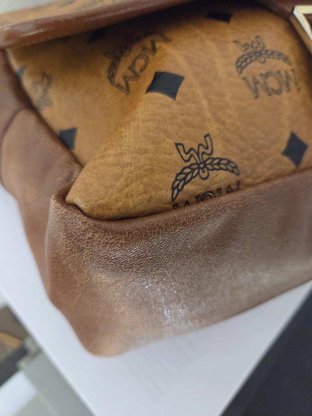 MCM Cognac Logo Flap Messenger Bag With Buckle - Cognac Visetos